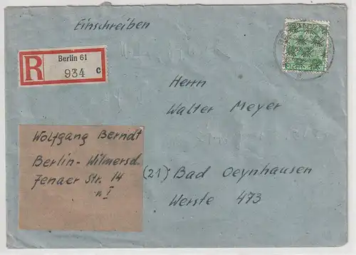 Berlin: 84 Pfg. Posthorn Netz auf R-Fern-Brief in WBerlin verwendet, gepr.