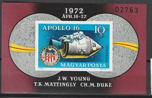 Ungarn geschnitten: Block Apollo 16 (1972), MNH **