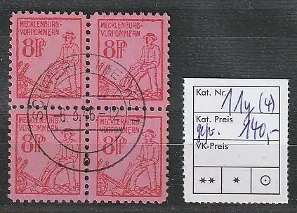 SBZ, MVP, Mi.-Nr. 11y im Viererblock, gestempelt, geprüft Kramp