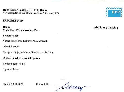Berlin: LP-Auslandsbrief mit "Großer Kurfürst" im senkrechten Paar,  Befund