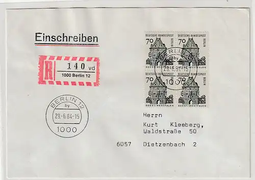 Berlin: 70 Pfg. "Deutsche Bauwerke" im Viererblock auf R-Brief, Befund