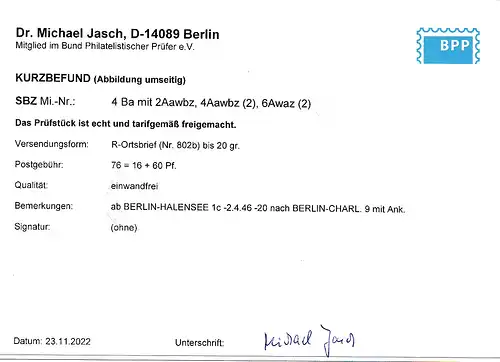 Bärenmarke durchstochen auf R-Brief in Westberlin, Befund Dr. Jasch