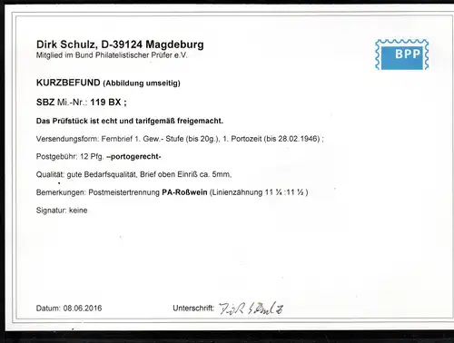 SBZ-Westsachsen Mi.-Nr. 119 BX (Roßwein), EF. auf Fernbrief, Befund Schulz.