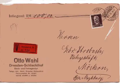 Dt. Reich: Wertbrief mit EF. 80 Pfg. Hindenburg