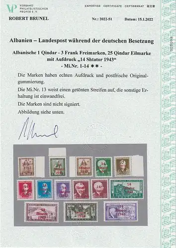 Albanien 1 - 14 ** (MNH), Attest Brunel