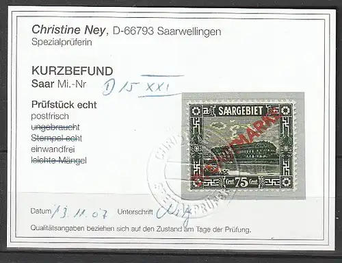 Saargebiet Dienst Nr. 15 mit PF XXI, **, Befund Ney 