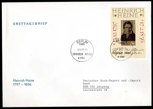 DDR, FDC Block "175. Geburtstag von Heinrich Heine"