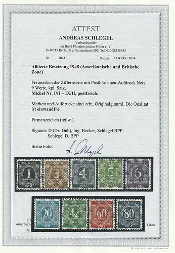 Bizone, Nichtverausgabter Ziffernsatz Netz, ** (MNH), Attest Schlegel BPP.