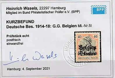 Dt. Bes. Belgien Nr. 5 I ** (MNH), Befund Wasels