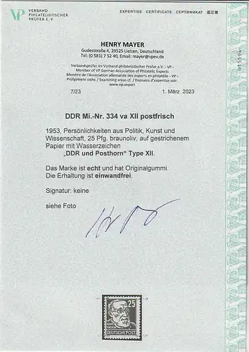 DDR: 25 Pfennig Köpfe II in der seltenen Variante va XII, ** postfrisch, Attest