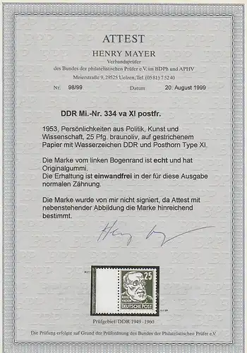 DDR: 25 Pfennig Köpfe II in der seltenen Variante va XI, ** postfrisch, Attest