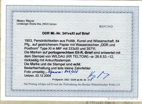 DDR : 84 Pfennig Köpfe II  ZuF auf Eilb.-R-Brief, Befund Mayer