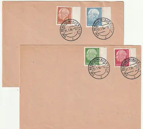 Bund: FDC  Heuss - 4, 10, 20 und 30-Pfennig auf 2 Blanko-Umschlägen