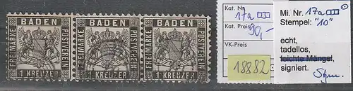 Baden: Nr. 17a im 3er-Streifen, BPP- geprüft, "tadellos 