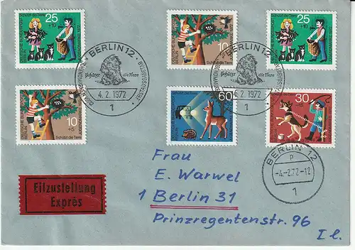 Berlin, FDC Mi.-Nr. 418-21, als Eilboten gelaufen, mit Ak-St.