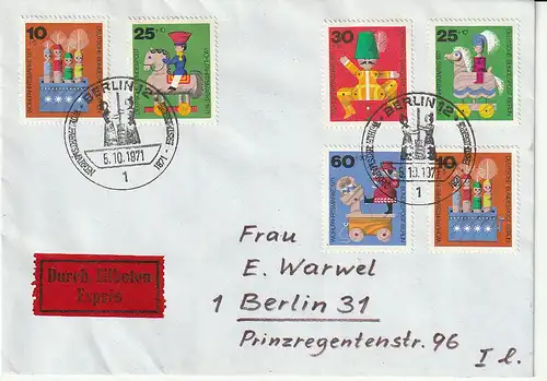 Berlin, FDC Mi.-Nr. 412-15, als Eilboten gelaufen, mit Ak-St.