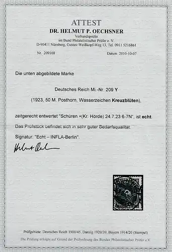 Dt. Reich Infla: Nr, 209 mit Y-Wz, gest., Attest Oechsner BPP
