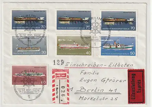 Berlin: "Personenschiffe 1975" FDC als Eil-R-Brief gelaufen