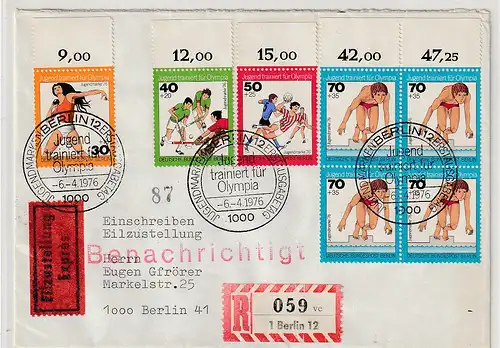 Berlin: "Jugend trainiert, 1976" FDC, als Eil-R-Brief gelaufen