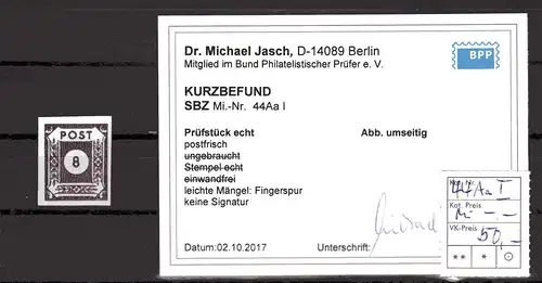 SBZ, Ostsachsen, Mi.-Nr. 44 Aa I, postfrisch, KB. Dr. JaschBPP.