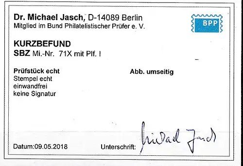 Prov. Sachsen: Nr. 71 mit seltenem PF I, gestempelt, Befund Dr. Jasch