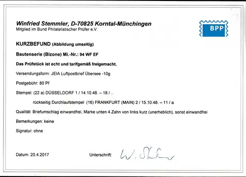 Bizone, JEIA Luftpostbrief Übersee, Befund Stemmler.