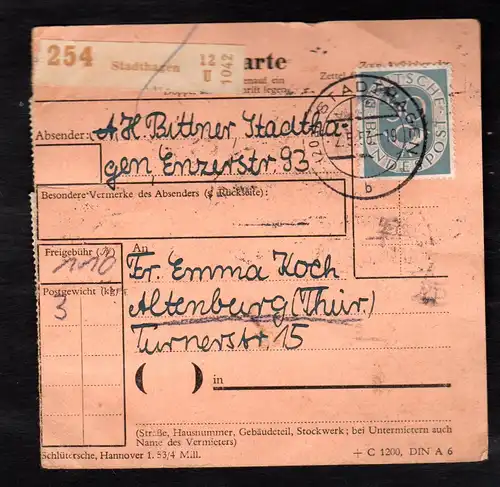 Bund. Posthorn-Paketkarte mit Mi.-Nr. 125 I, Befund Schlegel.
