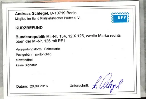 Bund. Posthorn-Paketkarte mit Mi.-Nr. 125 I, Befund Schlegel.