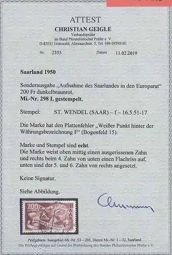 Saarland 200-Fr-Europarat mit PF I, gest., Attest Geigle