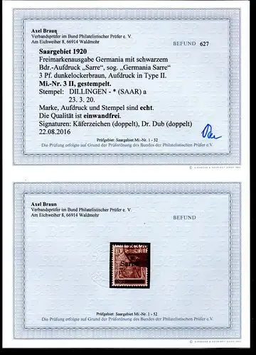 Saargebiet, Mi.-Nr. 3 II gestempelt, Befund. Braun.BPP
