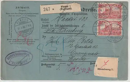 DR: Paketkarte nach Mexiko 1906, geprüft 