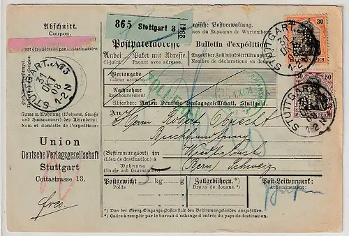 DR: Paketkarte nach Bern 1908 mit Germania-Perfins, geprüft 