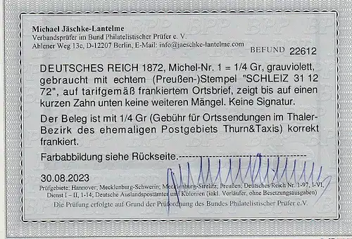 DR, Mi.-Nr. 1 EF auf Ortsbrief, Befund Jschke-Lantelme