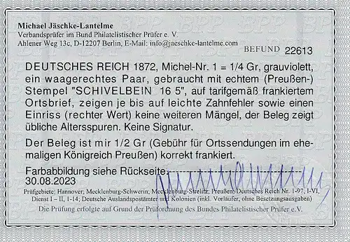 DR, Mi.-Nr. 1 im waag. Paar als Ortsbrief, Befund Jäschke-L.