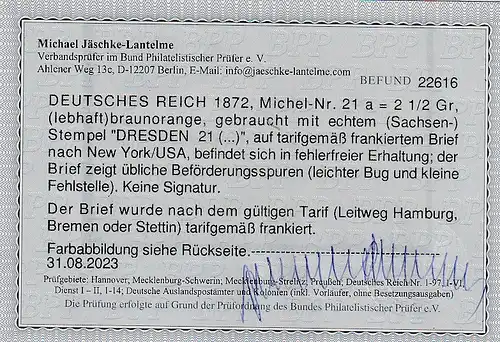 DR, Mi.-Nr. 21a EF., als Auslandbrief nach New York, Befund J.-L.