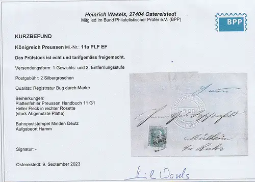 Preußen: Kompl. Brief Bahnpost mit EF Nr. 11a mit PLF, gepr.