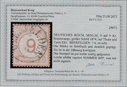 Dt. Reich Nr. 30, gest. Beerfelden, Befund Krug BPP