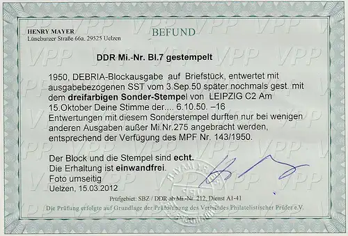 Seltener 3-farbiger propagandistischer Sonderstempel auf Bl. 7