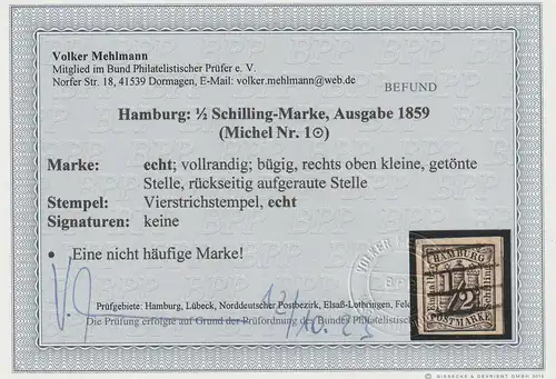 Hamburg Nr. 1, gestempelt, Befund Mehlmann BPP