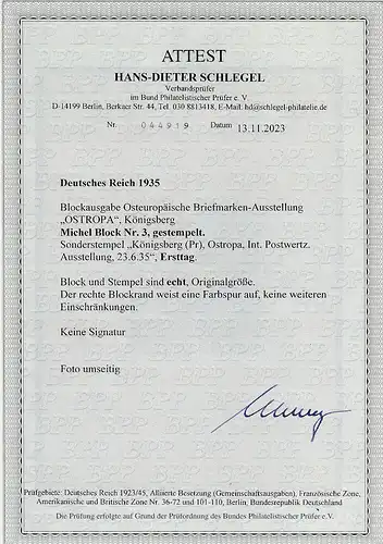 3.Reich: OSTROPA-Block, SSt., Attest Schlegel