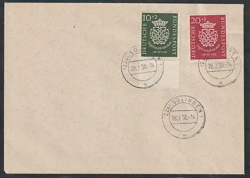 Bund: FDC  Bachsiegel 1950, Attest Schlegel
