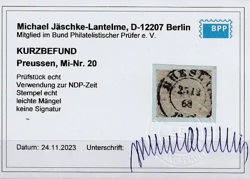 Preußen Nr. 20, gestempelt, KBefund J.-Lantelme