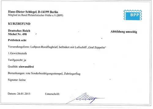 Zeppelin: Chicagofahrt mit EF 4 RM, Befund Schlegel "einwandfrei"