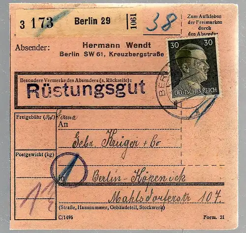 Paketkarte "Rüstungsgut" mit EF 30 Pfg. Hitler