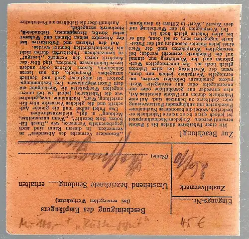 Paketkarte "Rüstungsgut" mit EF 30 Pfg. Hitler