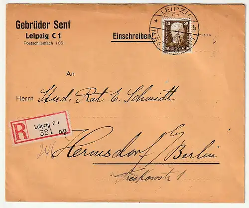 50 Pfg. Hindenburg (Michel Nr. 406) als EF auf R-Brief