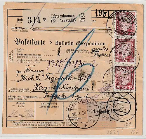 Paketkarte mit u.a. 3er-Streifen der 362 y