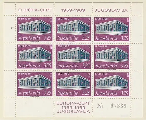 Jugoslawien - II. Auflage: Europa-Ausgabe 1969 im Kleinbogen, postfrisch (MNH)