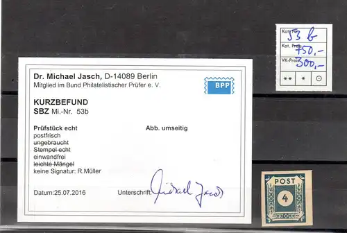 SBZ-Ostsachsen, Mi.-Nr 53 b postfrisch, KB. Dr. Jasch.