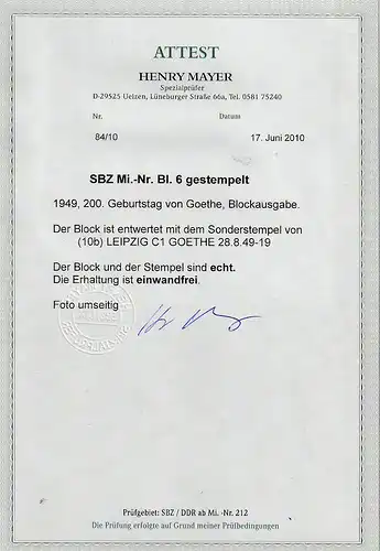 SBZ: Goetheblock mit Leipziger SSt., Attest Mayer "einwandfrei"
